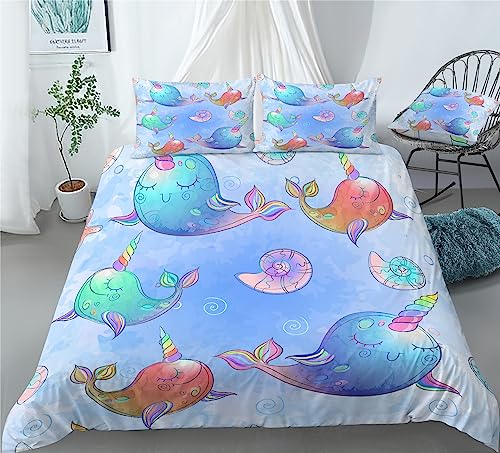 REALIN Colorful Hand-Painted Narwhal Bedding Cartoon Narwhal Duvet Cover Set Girl Boy Kids Bed Sets 2/3/4PCS Quilt Covers/Sheets/Pillow Shams,Twin/Full/Queen/King (A,Twin-172x218cm-3PCS)