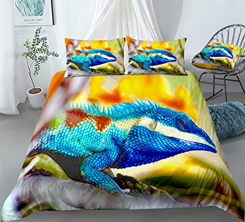 REALIN Gecko Lizards Bedding Colorful Lizards Reptiles Duvet Cover Set Girl Boy Kids Bed Sets 2/3/4PCS Quilt Covers/Sheets/Pillow Shams,Twin/Full/Queen/King (B,Twin-172x218cm-3PCS)