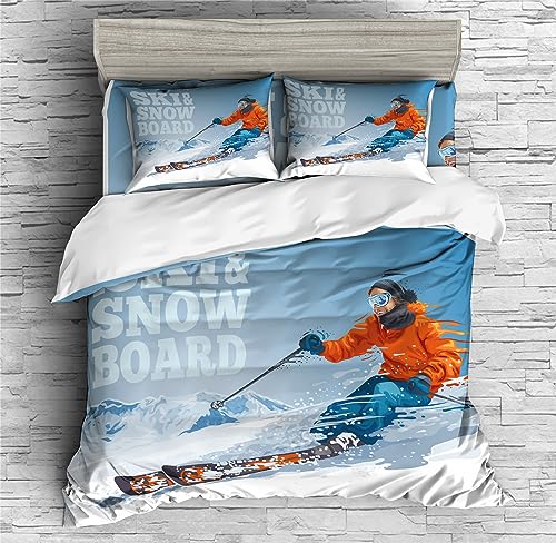 REALIN Figure Skiing Bedding Snow Peak Skiing Snowboarding Duvet Cover Set Girl Boy Kids Bed Sets 2/3/4PCS Quilt Covers/Sheets/Pillow Shams,Twin/Full/Queen/King (B,Full-200x229cm-4PCS)