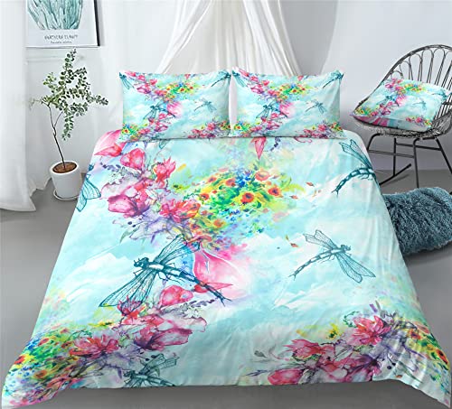 REALIN Flower Dragonfly Pattern Bedding Cartoon Dragonflies Duvet Cover Set Girl Boy Kids Bed Sets 2/3/4PCS Quilt Covers/Sheets/Pillow Shams,Twin/Full/Queen/King (A,Full-200x229cm-3PCS)