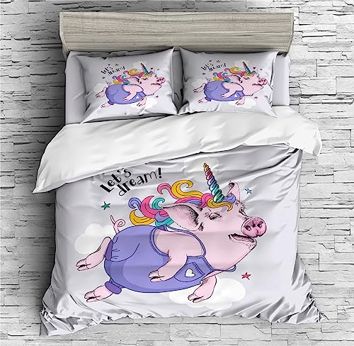 REALIN Unicorn Pig Bedding Cartoon Animal Cute Unicorn Pig Duvet Cover Set Girl Boy Kids Bed Sets 2/3/4PCS Quilt Covers/Sheets/Pillow Shams,Twin/Full/Queen/King (A,Full-200x229cm-4PCS)