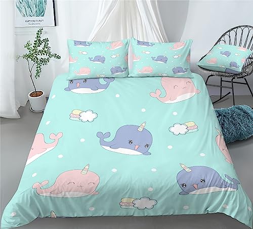 REALIN Cartoon Blue Narwhal Bedding Narwhal Marine Animal Duvet Cover Set Girl Boy Kids Bed Sets 2/3/4PCS Quilt Covers/Sheets/Pillow Shams,Twin/Full/Queen/King (A,King-229x259cm-3PCS)