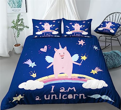 REALIN Unicorn Pig Rainbow Prints Bedding Unicorn Pig Animal Duvet Cover Set Girl Boy Kids Bed Sets 2/3/4PCS Quilt Covers/Sheets/Pillow Shams,Twin/Full/Queen/King (C,Twin-172x218cm-4PCS)