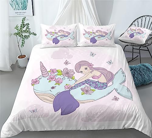 REALIN Cartoon Blue Narwhal Bedding Narwhal Marine Animal Duvet Cover Set Girl Boy Kids Bed Sets 2/3/4PCS Quilt Covers/Sheets/Pillow Shams,Twin/Full/Queen/King (A,King-229x259cm-3PCS)