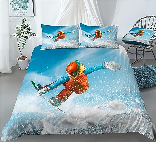 REALIN Figure Skiing Duvet Cover Set Snow Peak Skiing Snowboarding Bedding Girl Boy Kids Bed Sets 2/3/4PCS Quilt Covers/Sheets/Pillow Shams,Twin/Full/Queen/King (A,King-229x259cm-4PCS)