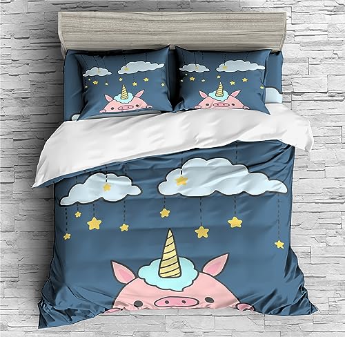 REALIN Clouds Unicorn Pig Decoration Duvet Cover Set Rainbow Unicorn Pig Bedding Girl Boy Kids Bed Sets 2/3/4PCS Quilt Covers/Sheets/Pillow Shams,Twin/Full/Queen/King (A,King-229x259cm-4PCS)