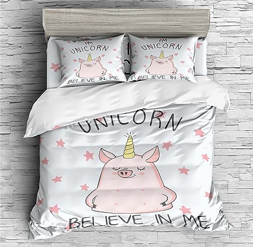 REALIN Moon Universe Unicorn Pig Decoration Bedding Unicorn Pig Duvet Cover Set Girl Boy Kids Bed Sets 2/3/4PCS Quilt Covers/Sheets/Pillow Shams,Twin/Full/Queen/King (A,King-229x259cm-4PCS)