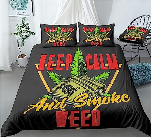 REALIN Vintage Marijuana Decorative Bedding Hemp Plants Prints Duvet Cover Set Girl Boy Kids Bed Sets 2/3/4PCS Quilt Covers/Sheets/Pillow Shams,Twin/Full/Queen/King (A,Full-200x229cm-4PCS)