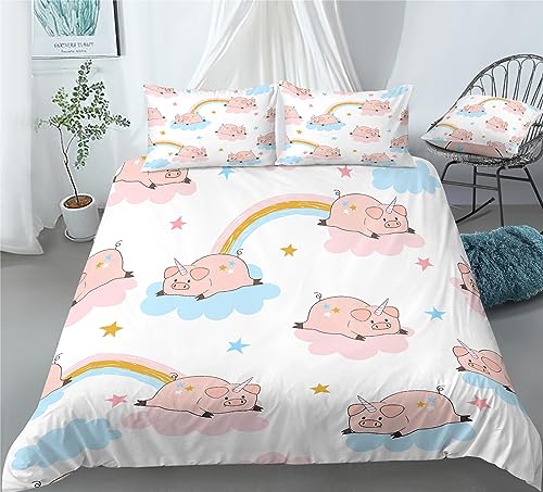 REALIN Clouds Unicorn Pig Decoration Bedding Rainbow Unicorn Pig Duvet Cover Set Girl Boy Kids Bed Sets 2/3/4PCS Quilt Covers/Sheets/Pillow Shams,Twin/Full/Queen/King (C,Twin-172x218cm-3PCS)