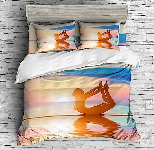 REALIN Yoga Zen Duvet Cover Set Yoga Exercise Meditation Sunset Seaside Bedding Girl Boy Kids Bed Sets 2/3/4PCS Quilt Covers/Sheets/Pillow Shams,Twin/Full/Queen/King (C,Twin-172x218cm-3PCS)