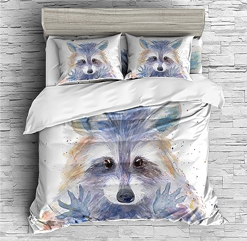 REALIN Cute Raccoon Duvet Cover Set Cartoon Raccoon Animal Bedding Girl Boy Kids Bed Sets 2/3/4PCS Quilt Covers/Sheets/Pillow Shams,Twin/Full/Queen/King (C,Full-200x229cm-3PCS)