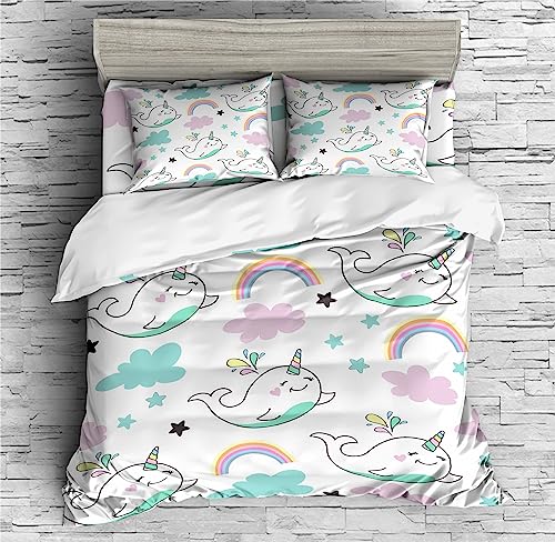 REALIN Cartoon Narwhal Print Bedding Narwhal Animal Starfish Duvet Cover Set Girl Boy Kids Bed Sets 2/3/4PCS Quilt Covers/Sheets/Pillow Shams,Twin/Full/Queen/King (A,King-229x259cm-4PCS)