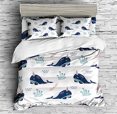 REALIN Cartoon Narwhal Print Bedding Narwhal Animal Starfish Duvet Cover Set Girl Boy Kids Bed Sets 2/3/4PCS Quilt Covers/Sheets/Pillow Shams,Twin/Full/Queen/King (A,King-229x259cm-4PCS)