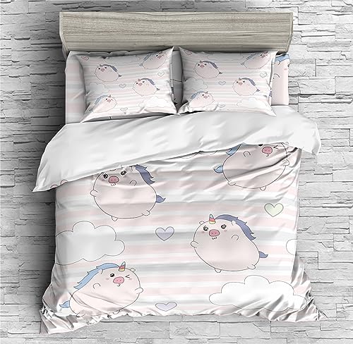 REALIN Unicorn Pig Bedding Cartoon Animal Cute Unicorn Pig Duvet Cover Set Girl Boy Kids Bed Sets 2/3/4PCS Quilt Covers/Sheets/Pillow Shams,Twin/Full/Queen/King (A,Full-200x229cm-4PCS)