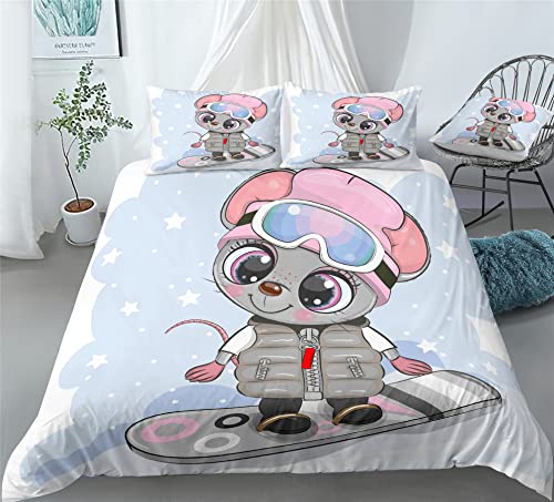 REALIN Cartoon Mouse Print Bedding Cute Rats Animal Print Duvet Cover Set Girl Boy Kids Bed Sets 2/3/4PCS Quilt Covers/Sheets/Pillow Shams,Twin/Full/Queen/King (A,Queen-228x228cm-3PCS)