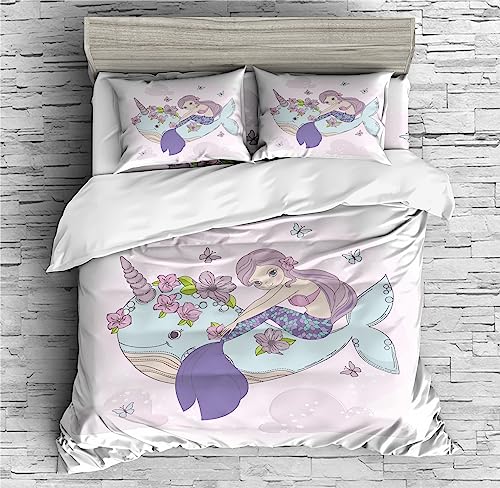 REALIN Cartoon Blue Narwhal Duvet Cover Set Narwhal Marine Animal Bedding Girl Boy Kids Bed Sets 2/3/4PCS Quilt Covers/Sheets/Pillow Shams,Twin/Full/Queen/King (C,King-229x259cm-3PCS)