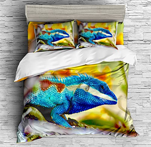 REALIN Gecko Lizards Bedding Colorful Lizards Reptiles Duvet Cover Set Girl Boy Kids Bed Sets 2/3/4PCS Quilt Covers/Sheets/Pillow Shams,Twin/Full/Queen/King (B,Twin-172x218cm-3PCS)