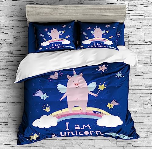 REALIN Unicorn Pig Rainbow Prints Duvet Cover Set Unicorn Pig Animal Bedding Girl Boy Kids Bed Sets 2/3/4PCS Quilt Covers/Sheets/Pillow Shams,Twin/Full/Queen/King (B,Twin-172x218cm-3PCS)