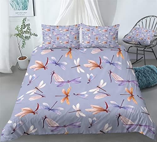 REALIN Flower Dragonfly Pattern Bedding Cartoon Dragonflies Duvet Cover Set Girl Boy Kids Bed Sets 2/3/4PCS Quilt Covers/Sheets/Pillow Shams,Twin/Full/Queen/King (A,Full-200x229cm-3PCS)