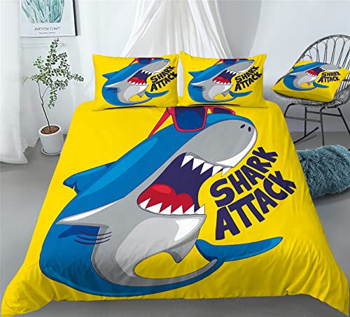 REALIN Cartoon Shark Marine Animals Duvet Cover Set Shark Print Bedding Girl Boy Kids Bed Sets 2/3/4PCS Quilt Covers/Sheets/Pillow Shams,Twin/Full/Queen/King (B,Twin-172x218cm-4PCS)