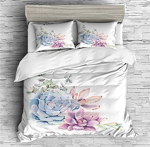 REALIN Hand-Painted Succulent Bedding Desert Plant Scrub Cactus Duvet Cover Set Girl Boy Kids Bed Sets 2/3/4PCS Quilt Covers/Sheets/Pillow Shams,Twin/Full/Queen/King (B,Full-200x229cm-4PCS)