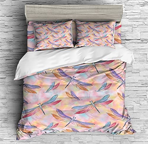 REALIN Colorful Dragonflies Bedding Aerial Spirits Dragonfly Duvet Cover Set Girl Boy Kids Bed Sets 2/3/4PCS Quilt Covers/Sheets/Pillow Shams,Twin/Full/Queen/King (C,Queen-228x228cm-4PCS)