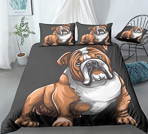 REALIN Cartoon Bulldog Bedding Olde English Bulldogge Animal Duvet Cover Set Girl Boy Kids Bed Sets 2/3/4PCS Quilt Covers/Sheets/Pillow Shams,Twin/Full/Queen/King (B,King-229x259cm-3PCS)