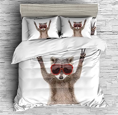 REALIN Cartoon Raccoon Bedding Raccoon Animal Print Duvet Cover Set Girl Boy Kids Bed Sets 2/3/4PCS Quilt Covers/Sheets/Pillow Shams,Twin/Full/Queen/King (A,Queen-228x228cm-4PCS)