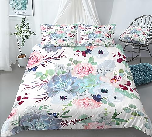 REALIN Hand-Painted Succulent Duvet Cover Set Desert Plant Scrub Cactus Bedding Girl Boy Kids Bed Sets 2/3/4PCS Quilt Covers/Sheets/Pillow Shams,Twin/Full/Queen/King (C,King-229x259cm-3PCS)