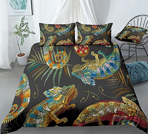 REALIN Lizards Bedding Rain Trees Animal Gecko Lizards Duvet Cover Set Girl Boy Kids Bed Sets 2/3/4PCS Quilt Covers/Sheets/Pillow Shams,Twin/Full/Queen/King (B,Full-200x229cm-3PCS)