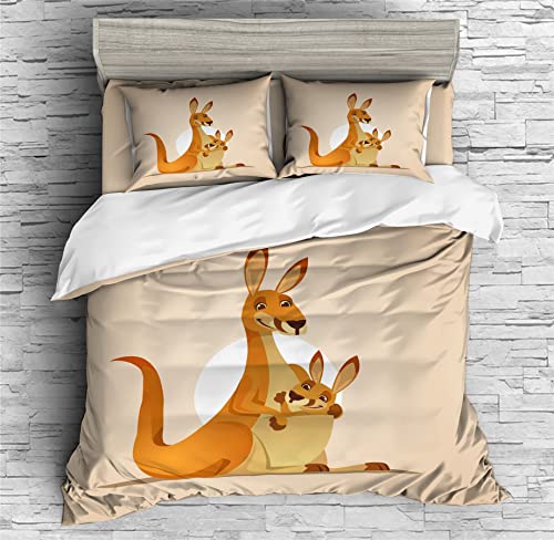 REALIN Cute Cartoon Animal Kangaroo Duvet Cover Set Kangaroo Print Bedding Girl Boy Kids Bed Sets 2/3/4PCS Quilt Covers/Sheets/Pillow Shams,Twin/Full/Queen/King (A,Queen-228x228cm-4PCS)