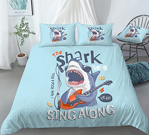 REALIN Sharks Duvet Cover Set Cute Shark Decoration Cartoon Shark Bedding Girl Boy Kids Bed Sets 2/3/4PCS Quilt Covers/Sheets/Pillow Shams,Twin/Full/Queen/King (A,Queen-228x228cm-3PCS)