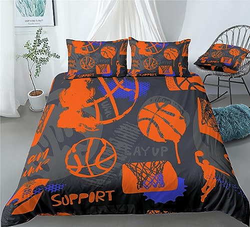 REALIN Cartoon Basketball Shoot Duvet Cover Set Basketball Sports Bedding Girl Boy Kids Bed Sets 2/3/4PCS Quilt Covers/Sheets/Pillow Shams,Twin/Full/Queen/King (C,Twin-172x218cm-4PCS)