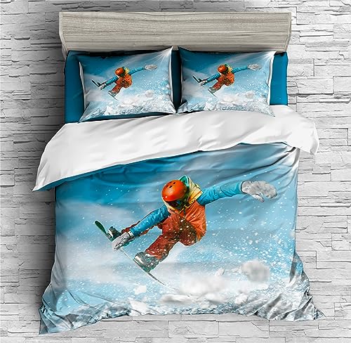 REALIN Figure Skiing Bedding Snow Peak Skiing Snowboarding Duvet Cover Set Girl Boy Kids Bed Sets 2/3/4PCS Quilt Covers/Sheets/Pillow Shams,Twin/Full/Queen/King (B,Full-200x229cm-4PCS)