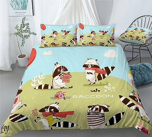 REALIN Cute Raccoon Bedding Cartoon Raccoon Animal Duvet Cover Set Girl Boy Kids Bed Sets 2/3/4PCS Quilt Covers/Sheets/Pillow Shams,Twin/Full/Queen/King (B,Twin-172x218cm-3PCS)