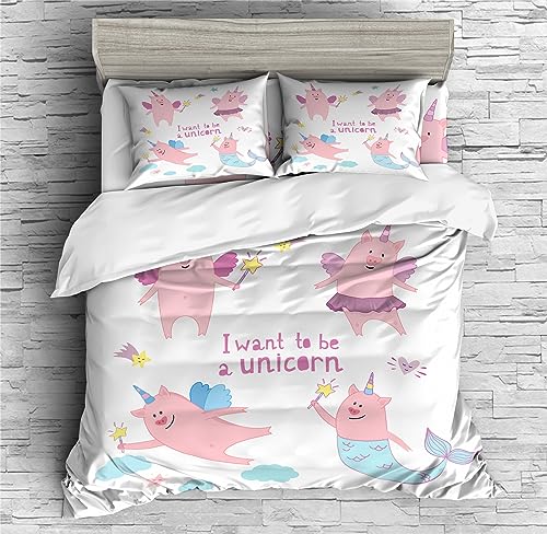 REALIN Moon Universe Unicorn Pig Decoration Bedding Unicorn Pig Duvet Cover Set Girl Boy Kids Bed Sets 2/3/4PCS Quilt Covers/Sheets/Pillow Shams,Twin/Full/Queen/King (A,King-229x259cm-4PCS)