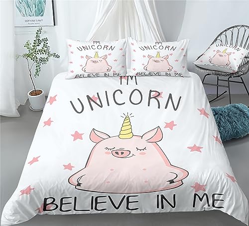 REALIN Moon Universe Unicorn Pig Duvet Cover Set Unicorn Pig Bedding Girl Boy Kids Bed Sets 2/3/4PCS Quilt Covers/Sheets/Pillow Shams,Twin/Full/Queen/King (A,Full-200x229cm-3PCS)