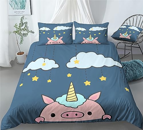 REALIN Clouds Unicorn Pig Decoration Bedding Rainbow Unicorn Pig Duvet Cover Set Girl Boy Kids Bed Sets 2/3/4PCS Quilt Covers/Sheets/Pillow Shams,Twin/Full/Queen/King (C,Twin-172x218cm-3PCS)