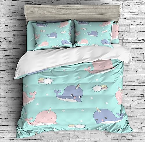 REALIN Cartoon Blue Narwhal Duvet Cover Set Narwhal Marine Animal Bedding Girl Boy Kids Bed Sets 2/3/4PCS Quilt Covers/Sheets/Pillow Shams,Twin/Full/Queen/King (C,King-229x259cm-3PCS)