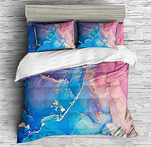 REALIN Colored Marble Duvet Cover Set Pink Purple Marble Bedding Girl Boy Kids Bed Sets 2/3/4PCS Quilt Covers/Sheets/Pillow Shams,Twin/Full/Queen/King (B,Full-200x229cm-3PCS)