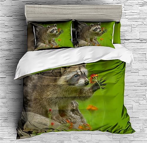 REALIN Raccoon Duvet Cover Set Baby Raccoon Small Animal Jungle Bedding Girl Boy Kids Bed Sets 2/3/4PCS Quilt Covers/Sheets/Pillow Shams,Twin/Full/Queen/King (C,Queen-228x228cm-3PCS)
