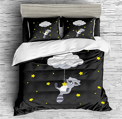 REALIN Cute Raccoon Duvet Cover Set Cartoon Raccoon Animal Bedding Girl Boy Kids Bed Sets 2/3/4PCS Quilt Covers/Sheets/Pillow Shams,Twin/Full/Queen/King (C,Full-200x229cm-3PCS)