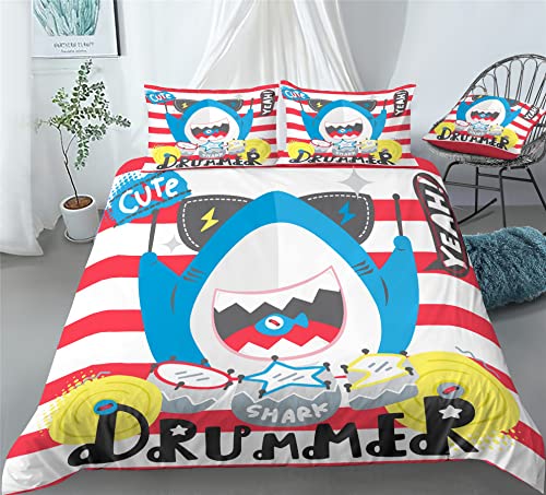 REALIN Cartoon Shark Print Bedding Underwater Animals Shark Duvet Cover Set Girl Boy Kids Bed Sets 2/3/4PCS Quilt Covers/Sheets/Pillow Shams,Twin/Full/Queen/King (C,Queen-228x228cm-3PCS)