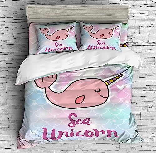 REALIN Narwhal Cartoon Animal Bedding Cute Marine Animals Duvet Cover Set Girl Boy Kids Bed Sets 2/3/4PCS Quilt Covers/Sheets/Pillow Shams,Twin/Full/Queen/King (B,King-229x259cm-3PCS)