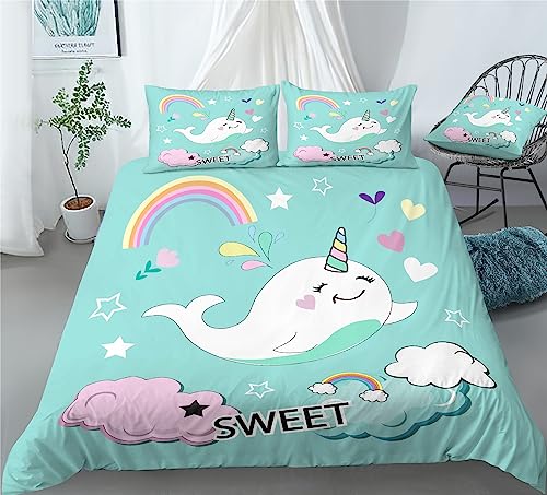 REALIN Cartoon Narwhal Print Duvet Cover Set Narwhal Animal Starfish Ocean Bedding Girl Boy Kids Bed Sets 2/3/4PCS Quilt Covers/Sheets/Pillow Shams,Twin/Full/Queen/King (C,Queen-228x228cm-4PCS)