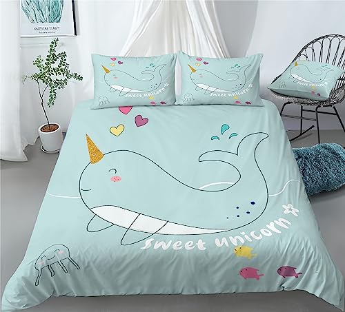 REALIN Colorful Hand-Painted Narwhal Bedding Cartoon Narwhal Duvet Cover Set Girl Boy Kids Bed Sets 2/3/4PCS Quilt Covers/Sheets/Pillow Shams,Twin/Full/Queen/King (A,Twin-172x218cm-3PCS)