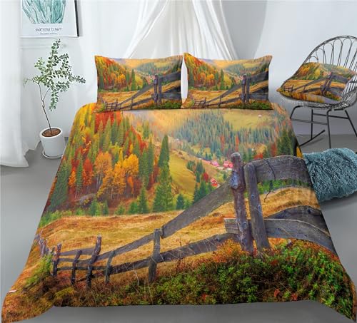 REALIN Autumn Scenery Bedding Forest Autumn Sunshine Duvet Cover Set Girl Boy Kids Bed Sets 2/3/4PCS Quilt Covers/Sheets/Pillow Shams,Twin/Full/Queen/King (B,Full-200x229cm-4PCS)