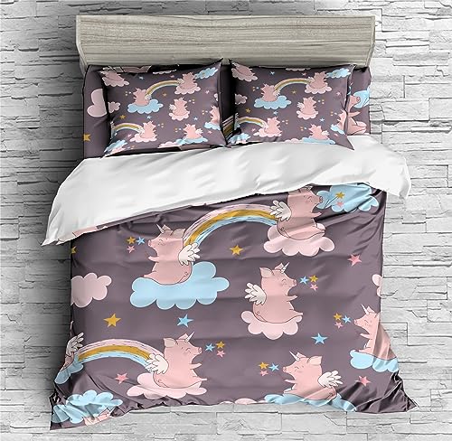 REALIN Clouds Unicorn Pig Decoration Duvet Cover Set Rainbow Unicorn Pig Bedding Girl Boy Kids Bed Sets 2/3/4PCS Quilt Covers/Sheets/Pillow Shams,Twin/Full/Queen/King (A,King-229x259cm-4PCS)