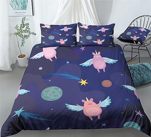 REALIN Moon Universe Unicorn Pig Duvet Cover Set Unicorn Pig Bedding Girl Boy Kids Bed Sets 2/3/4PCS Quilt Covers/Sheets/Pillow Shams,Twin/Full/Queen/King (A,Full-200x229cm-3PCS)