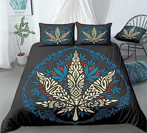 REALIN Marijuana Bedding Hemp Plant Green Hemp Leaf Prints Duvet Cover Set Girl Boy Kids Bed Sets 2/3/4PCS Quilt Covers/Sheets/Pillow Shams,Twin/Full/Queen/King (A,Queen-228x228cm-4PCS)